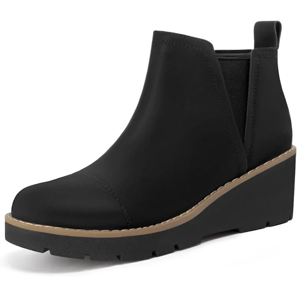 Women's Black Wedge Chelsea Boots Lug Sole Platform Ankle Booties Zipper
